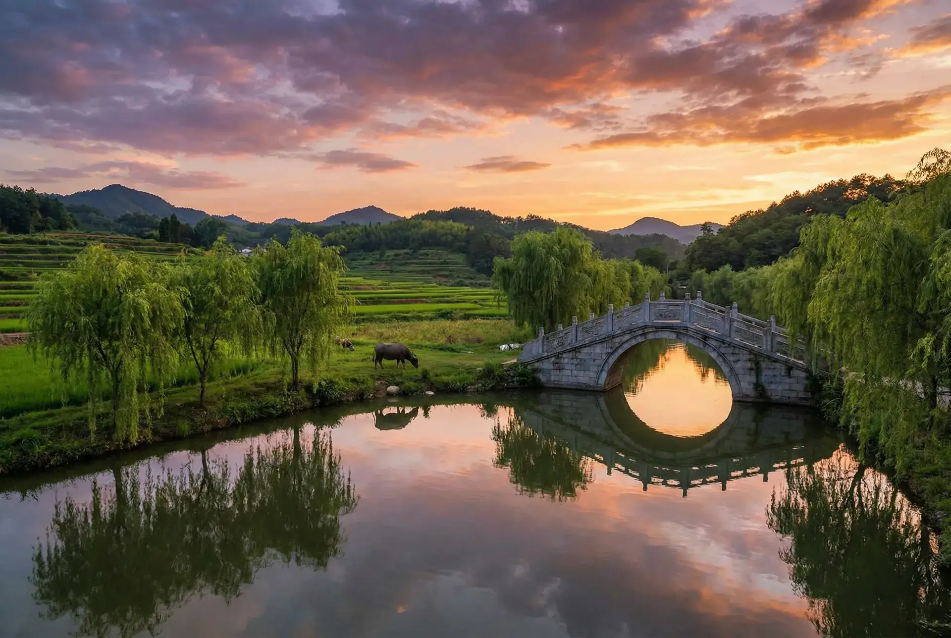 夕阳下的石拱桥与垂柳，水牛在河边吃草 - 陈冠希照片 乡村美景